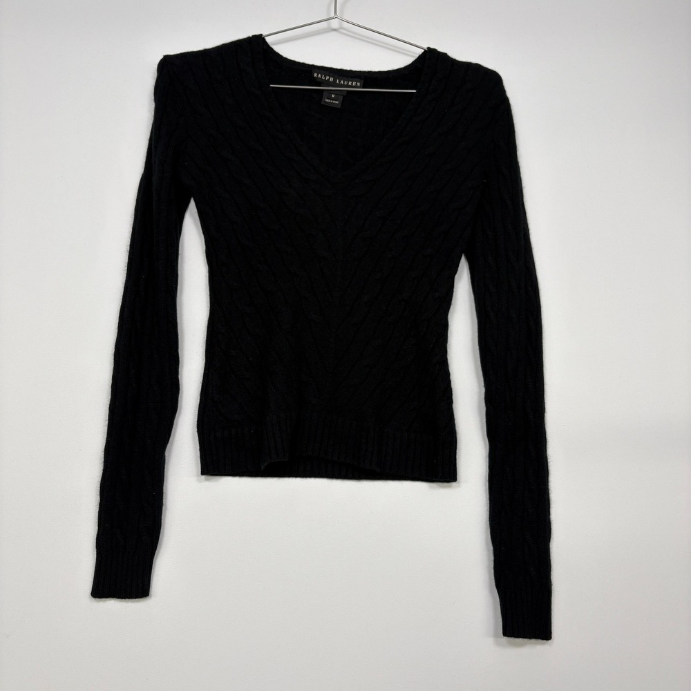 Ralph Lauren Womens V-Neck Sweater M Black 100% Cashmere Cable Knit Slim Fit